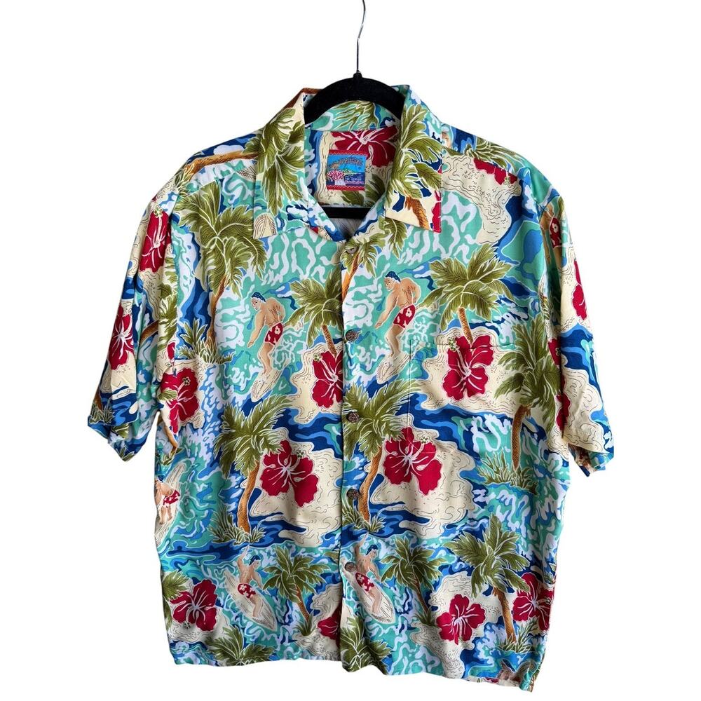 Vintage Joe Kealoha Hawaiian Shirt Surf Print Rayon XL Coconut Button Aloha